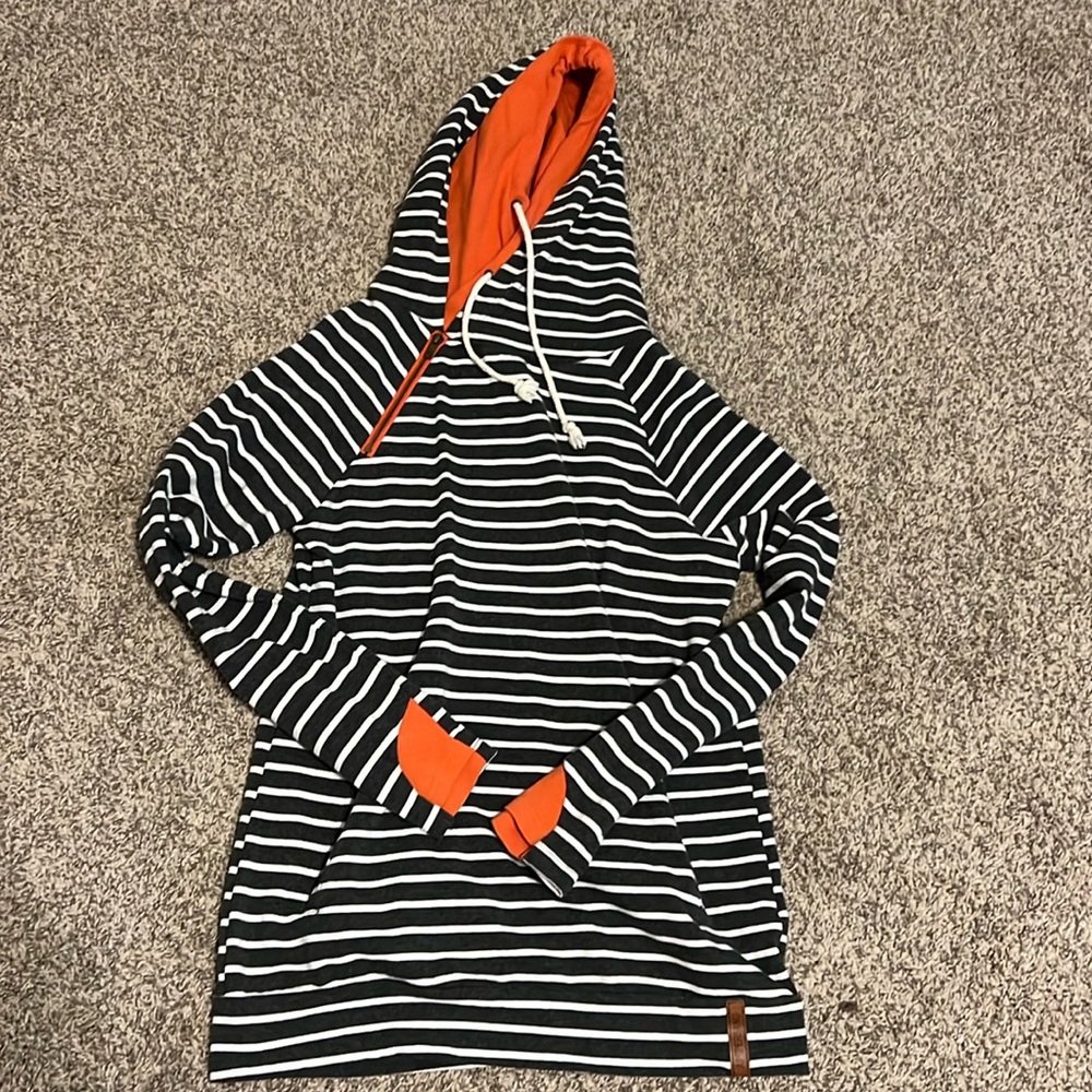 Grey, white, and orange stripe hoodie